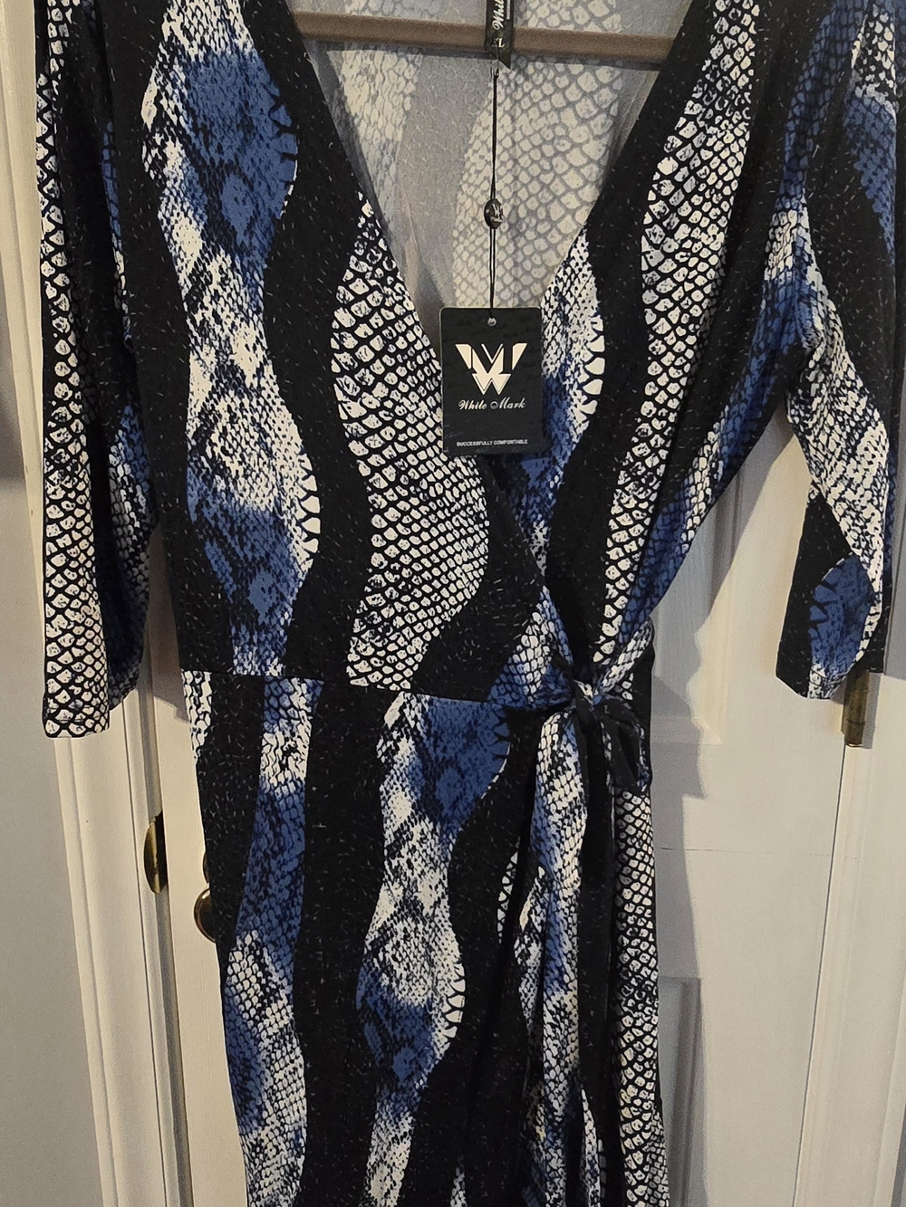 White Mark Blue Black Snake Print Wrap Dress